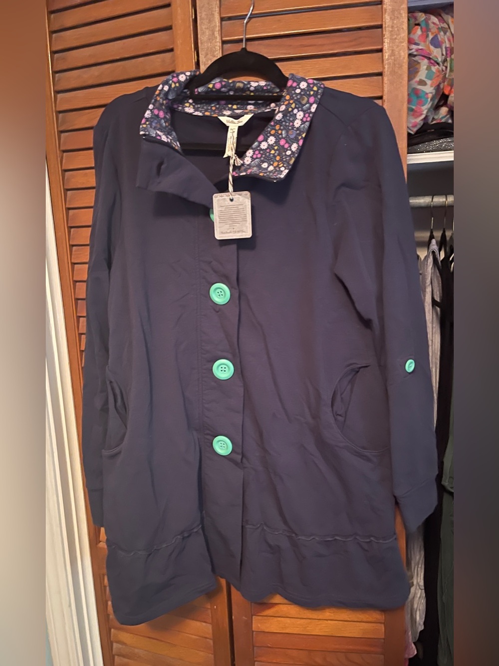 Matilda Jane Navy Trench Coat with Floral Collar and Mint Buttons